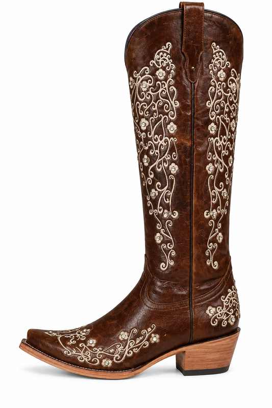 La Entalladita High Knee Western Boots-Cafe