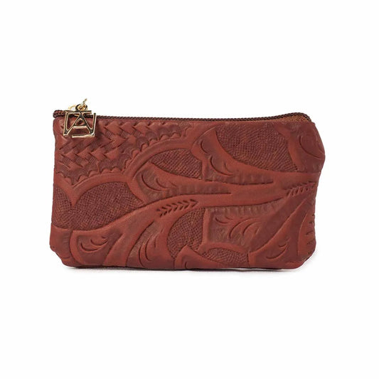 Monedero chico piel grabada café