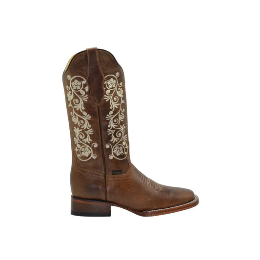 Brown Women Square Toe Boots Off White Flowers