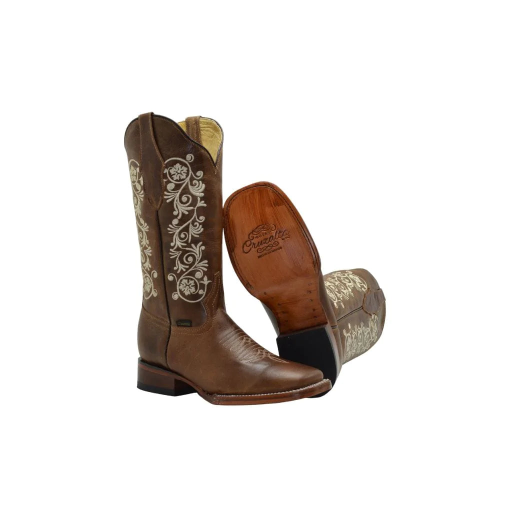 Brown Women Square Toe Boots Off White Flowers