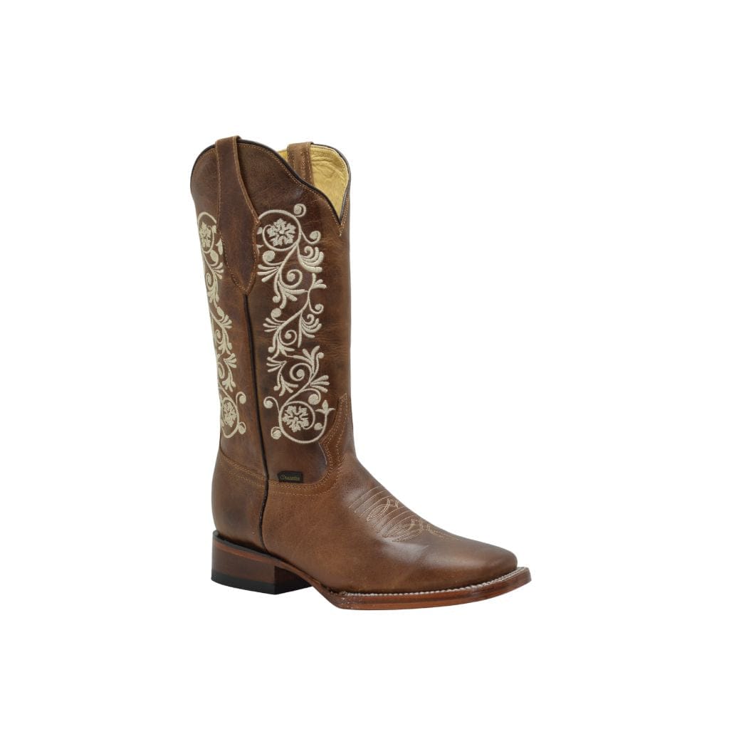 Brown Women Square Toe Boots Off White Flowers
